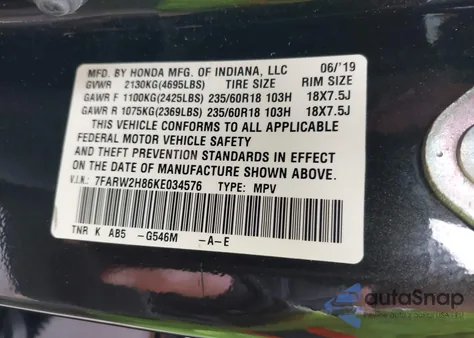 2019 Honda Cr-V Ex-L from USA, damaged, VIN 7FARW2H86KE034576